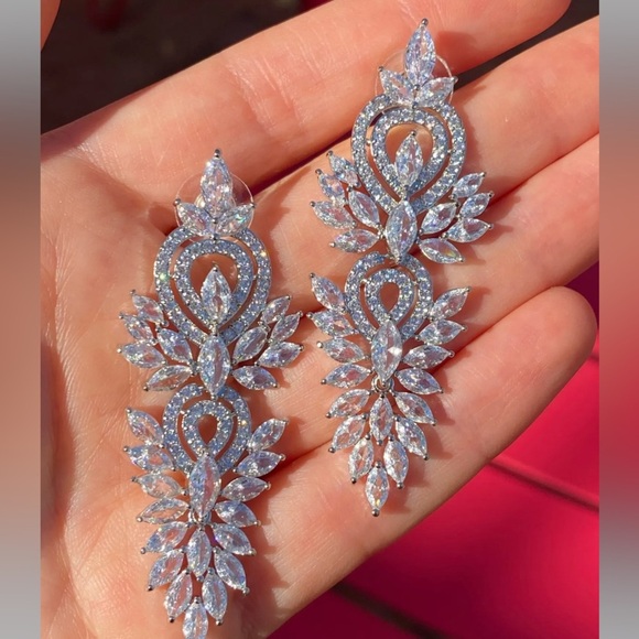 Silver Cubic Zirconia Wedding Earrings, Bridal, Dangle, Anniversary - Picture 8 of 13